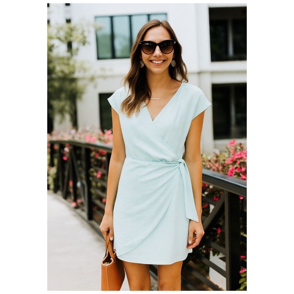 NWT Leith Surplice V-Neck Wrap Dress Mint Green Teal Tie Waist Mini Dress 4X